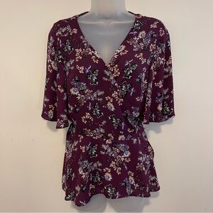 LOFT Women's Wrap Top Flutter Sleeve Side Tie Purple Floral Print Medium NEW NWT